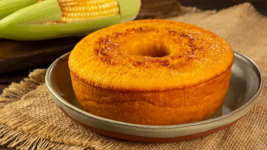 Um bolo de milho dourado aparece disposto sobre um pano, com textura macia e aspecto caseiro.