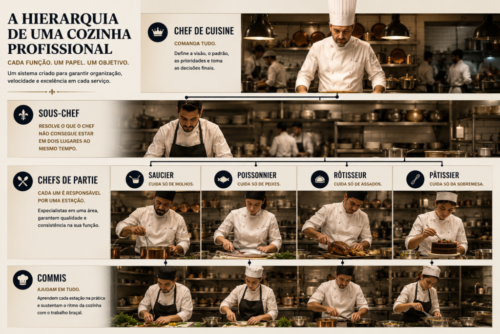 Ilustração da brigada de cozinha criada por Auguste Escoffier, mostrando a estrutura hierárquica de uma cozinha profissional, do chef de cuisine aos commis, com cada especialidade representada em sua estação de trabalho.